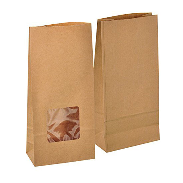 Blockbodenbeutel 12 x 25 x 6 cm mit Fenster aus Kraftpapier - 100 Stück